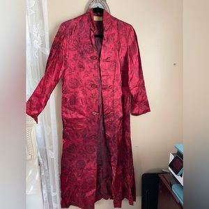 Vintage Chinese long woman’s jacket. Maroon with black design. Size S or M